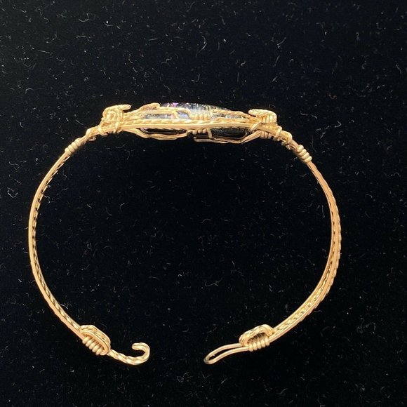 Wrapped Dichroic Glass Cabochon Bracelet Purple Blue Gold Filled Wire 6 1/4” - Picture 4 of 5